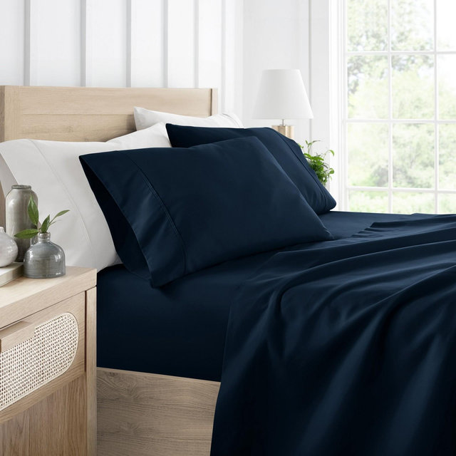 4 Piece Bed Sheet Set Solid Double Brushed Microfiber, Ultra Soft, Deep Pocket - Becky Cameron, Navy, King