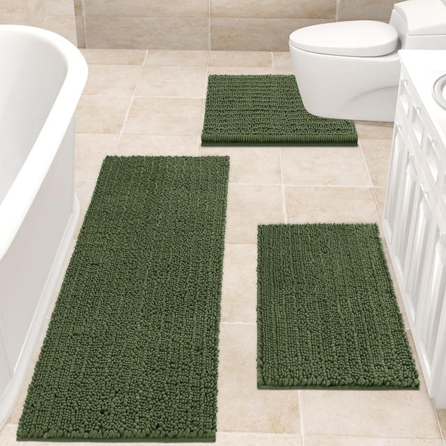 ACCUMTEK Upgrade Extra Large Oliver Green Bathroom Rug Set 3 Pieces Ultra Soft, Thick Absorbent Bath Mats, Non Slip Chenille Toilet Mat for Bathroom, Bedroom, Kitchen