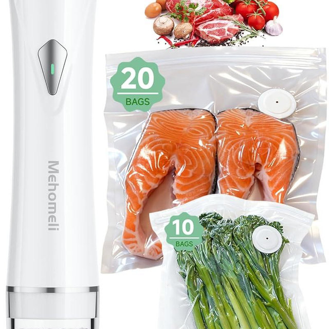 Mehomeli Compact Vacuum Sealer for Food (Vacuum Sealer Machine + 30 Reusable Vacuum Bags), Powerful Handheld Vacuum Sealer Machine, Seal Food 6X Fresh Longer, Portable & Wireless, Easy-Clean