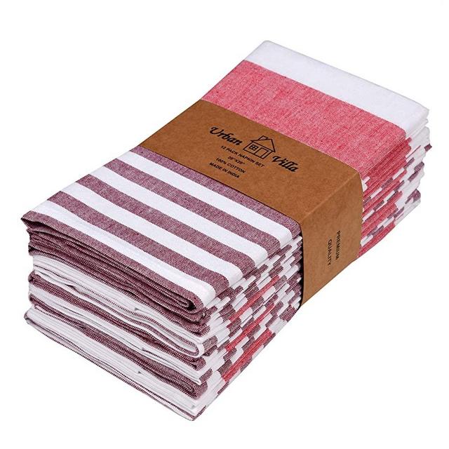 Urban Villa Horizontal Stripes Set of 12 Dinner Napkins (20X20 Inch) 100% Cotton Premium Over Sized Cloth Napkins with Mitered Corners Ultra Soft Durable Hotel Quality (Garnet/Red)