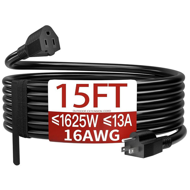 Skrizcable 16/3 15 FT Outdoor Extension Cord Waterproof, Weatherproof & Flame Retardant Black 3 Prong Power Cord Outside for Lawn & Garden, 13 Amps 1625 Watts 125 VAC 16AWG SJTW, ETL Listed