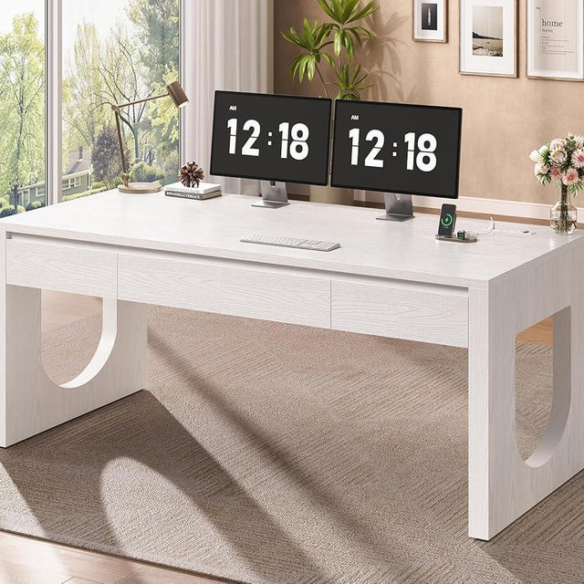 SEDETA 55" Office Desk with 3 Drawers, Modern Executive Desk with U-Shaped Legs, Wood Computer Desk with Power Outlet, Home Office Desks with Relief Texture, White