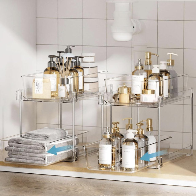 Vtopmart 2 Tier Bathroom Storage Organizer, 2 Pack Clear Under Sink Organizers Vanity Counter Container, Cabinet Drawers Bins, Pull-Out Organization with Track for Pantry, Kitchen
