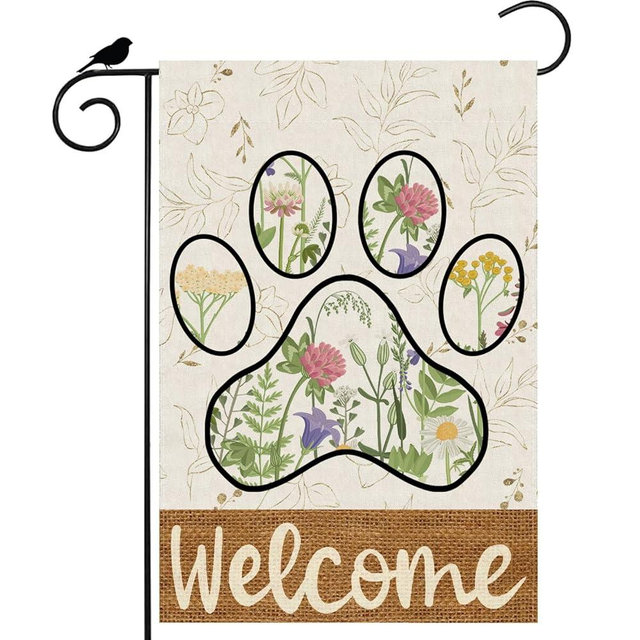 ZAEW Welcome Dog Paw Wildflowers Leaves Spring Garden Flag Summer Seasonal Yard Flag 12x18 Inch Double Sided Small Mini Yard Outdoor Outside Holiday Decoration