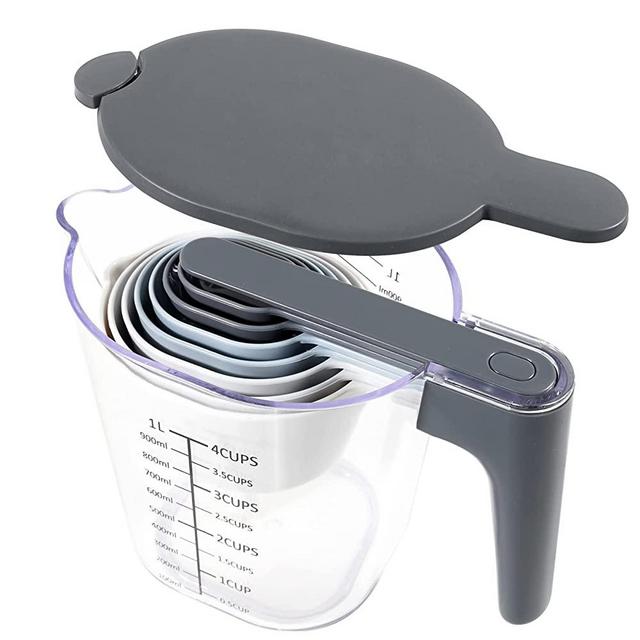 Recogwood 10 Pieces Measuring Cups and Spoons set, Stackable Measuring Cup with Lid, Kitchen Cooking Baking Measuring Spoons Set for Liquid and Dry, BPA Free, Dishwasher Safe