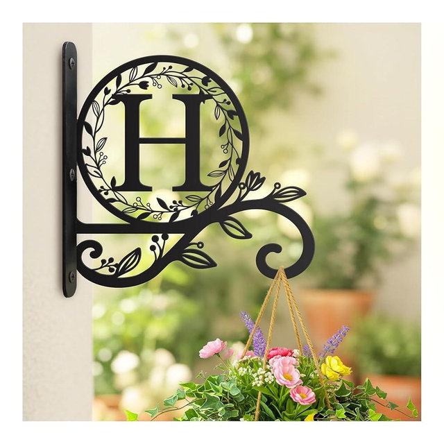 SIFZYJGN Metal Initial Letter H Plant Hanger Bracket, Decorative Wall Mount Hanging Plant Hook, Monogram Floral Leaf Garden Decor for Hanging Baskets, Bird Feeders, Lanterns, Wind Chimes