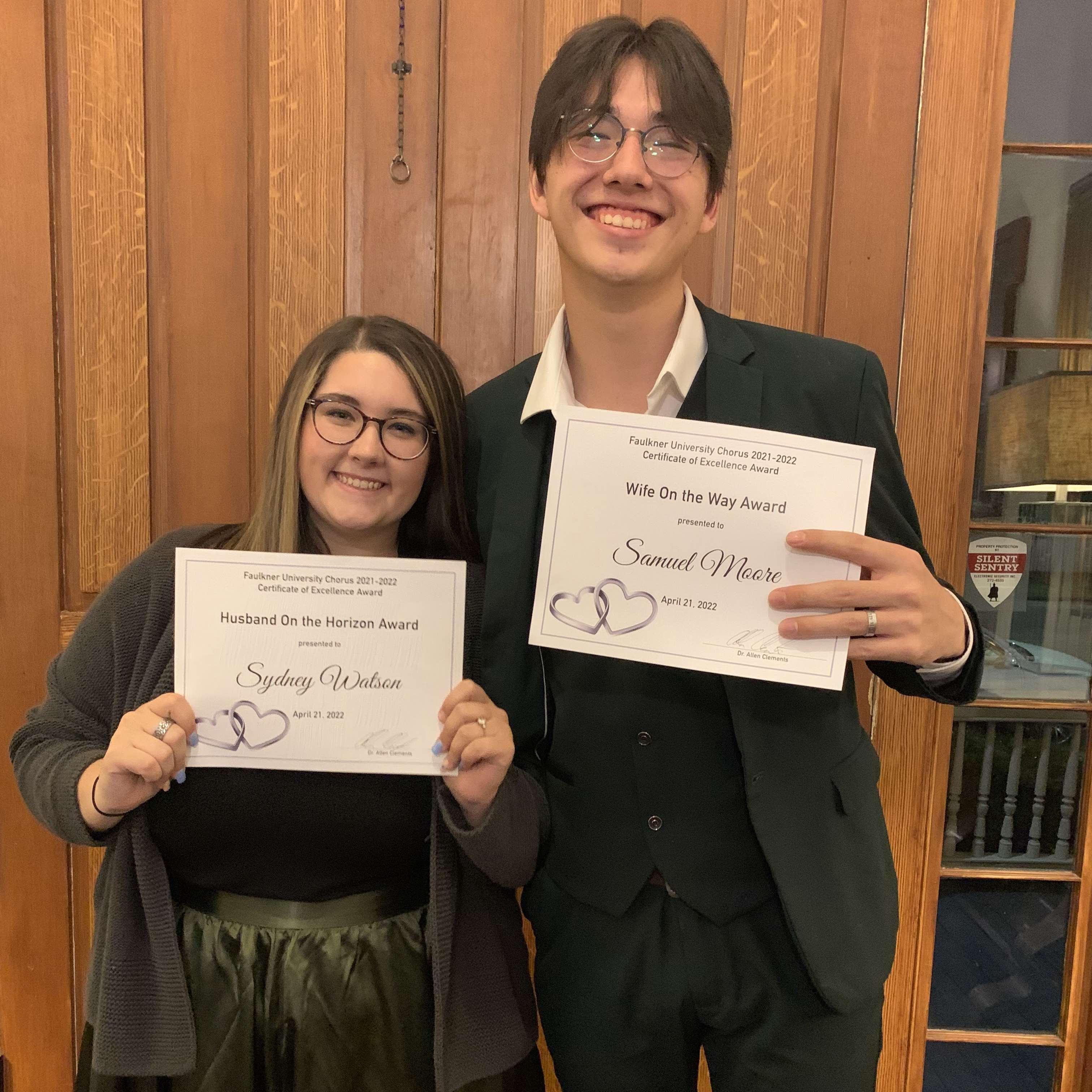 At our end of the year chorus banquet, we got a joint award. Sydney got the "Husband on the Horizon" award and Sam got the "Wife on the Way" award. 