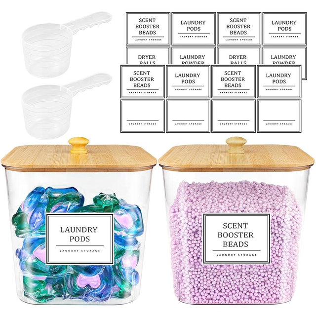 HomePekite 2 Pack Laundry Pods Container,Laundry Room Organization and Storage Containers with Bamboo Lids & Labels Large Laundry Detergent Container for Powder,Scent Booster,Pods,Dryer Ball