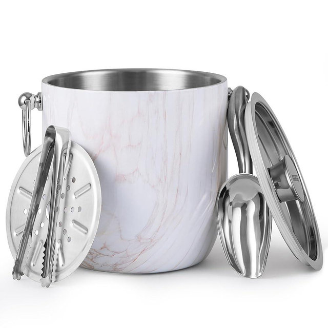 Golden Cudgel Insulated Ice Bucket, 3L Double Wall Stainless Steel Ice Bucket with Tongs,Lid, Scoop and Strainer, Ice Buckets for Parties,Cocktail Bars, Chilling Beer, Champagne, Wine Bottles