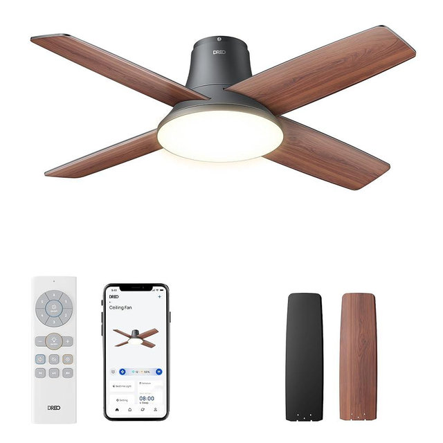 DREO Ceiling Fans with Lights, 12 Speeds & 3 Fan Modes, Quiet DC Motor, Low Profile Easy to Install, Flush Mount Smart Ceiling Fan with Dimmable LED, 12H Timer for Bedroom, Remote, Black, 44''