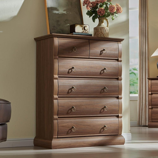 ACCOHOHO 6 Drawer Dresser for Bedroom, 41.5" Tall Vintage Chest of Drawers with Curved Fronts & Retro Ring Pulls, Wood Storage Closet Dresser for Living Room, Hallway, Walnut