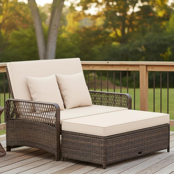 Tangkula Patio Rattan Daybed with 4-Level Adjustable Backrest, 2-Person Outdoor Wicker Loveseat with Storage Ottoman & Soft Cushions, Double Sunbed Lounger for Backyard, Porch, Poolside (Beige)