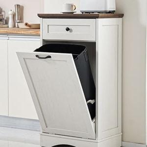 13 Gallons Tilt Out Trash Cabinet Freestanding Kitchen Trash Bin Cabinet Wood Garbage Recycling Cabinet with Hideaway Drawer Pet Proof Trash Can Holder for Kitchen Living Room, Antique White