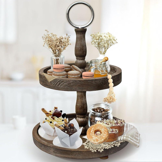 Premium Rustic Round 2 Tier Tray Stand - Farmhouse Wooden Tiered Tray Stand - Two Tiered Decorative Tray Centerpiece for Home Decor - Elegant Dessert Stand, Cupcake Stand, Coffee Bar Organizer