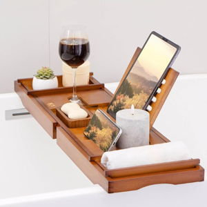 Bamboo Bathtub Caddy Tray - Expandable to 41 Inches with Book Stand, Soap Holder & Anti-Slip Pads for Luxury Bath Spa, Brown