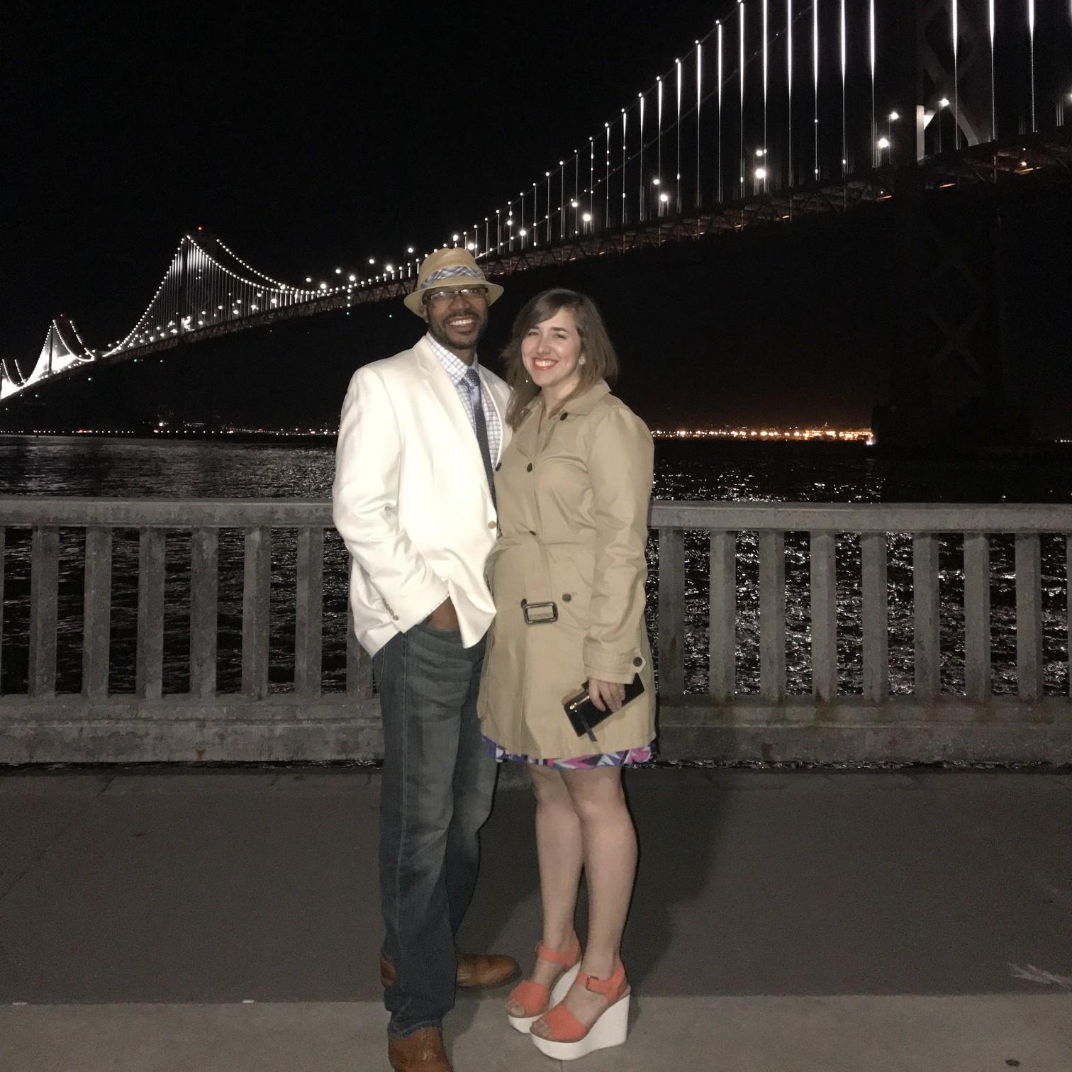 Enjoying a night on the town below the bay bridge.