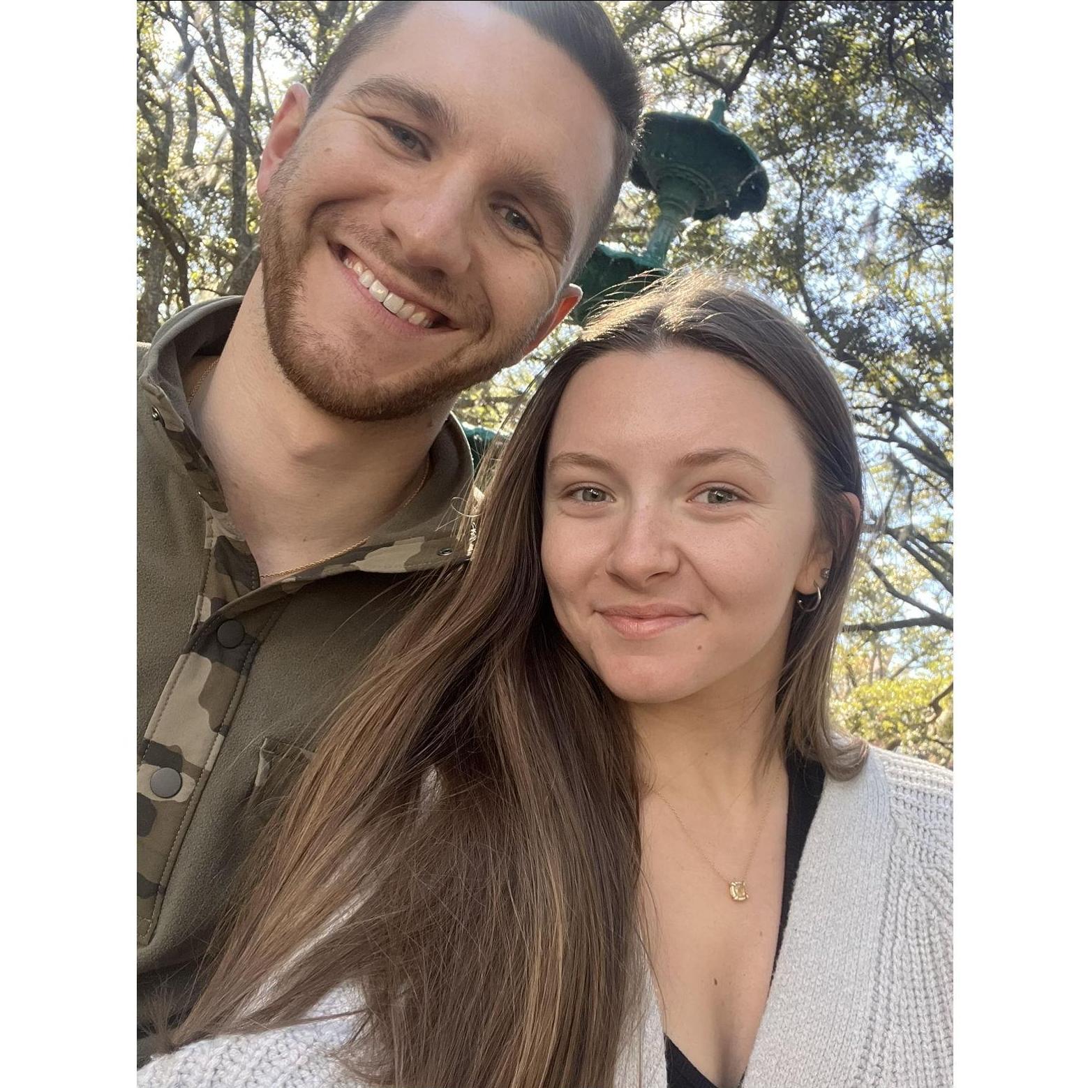 On the way to a friend's wedding, Maddie and Doug revisited the same spot in Savannah, GA from their 2-year anniversary trip!