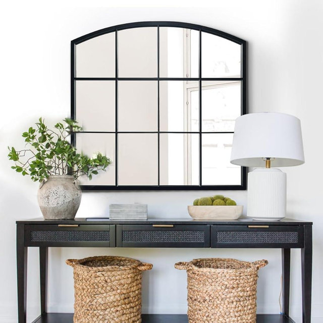 WAMIRRO Window Pane Black Mirror,Farmhouse Arched Wall Mirror,Mantel Mirror for Fireplace/Entryway/Hallway/Living Room,36"X 36"