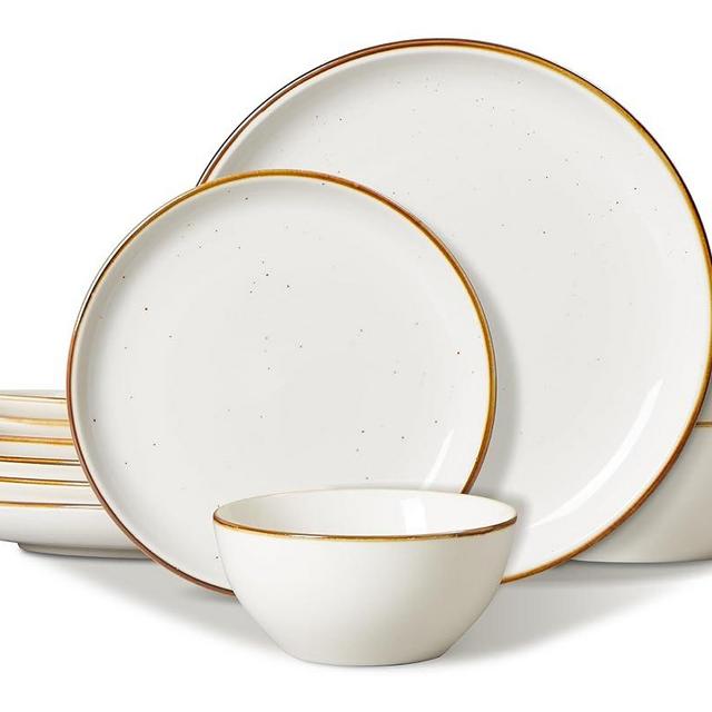 ONEMORE Plates and Bowls Set, Dinnerware Sets for 4, Porcelain Kitchen Dishes Set 12pcs, Scratch Resistant, Modern Aesthetic Plate Set - Microwave & Dishwasher Safe,Cream White