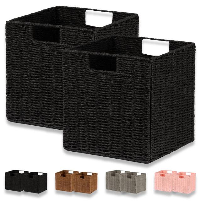 Vagusicc Storage Basket, Set of 2 Hand-Woven Paper Rope Wicker Baskets, Foldable Storage Bins, Large Wicker Storage Square Baskets for Shelves Organizing Decor, Black (11″×11″×11″)