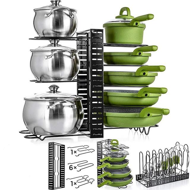 UPGRADED Adjustable Pot Organizer - Frying Pan Organizer - Pot Rack Organizer Adjustable - Pot Organizer For Cabinet - Kitchen Pot Organizer and Storage - Pots and Pan Storage Rack Organizer