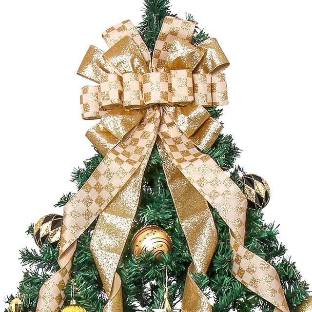 Christmas Tree Topper Christmas Wreath Bow, 52 * 13 inches Large Tree Toppers Bow with Glitter Streamer and Patterned Ribbon for Xmas Tree Décor Christmas Home Indoor Outdoor Decoration Gold