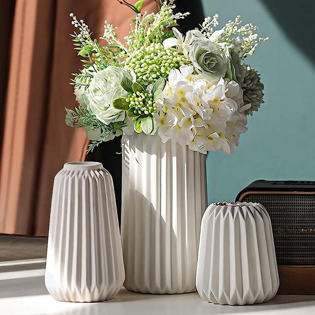 White Ceramic Vases - Set 3 for Home Decor,Modern Boho Vase for Flower Pampas Farmhouse Decorative,Small Vases for Dinner Table Party Living Room Office Bookshelf Entryway Bedroom Decor (A White)