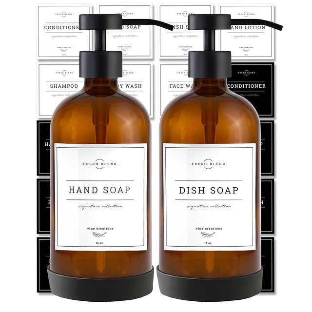 Vine Creations Amber Glass Soap Dispenser Set - Kitchen Soap Dispenser Set Stainless Steel Pump - Hand Soap Dispenser Bathroom - Dish Soap Dispenser for Kitchen - Silicone Pad & Waterproof Labels