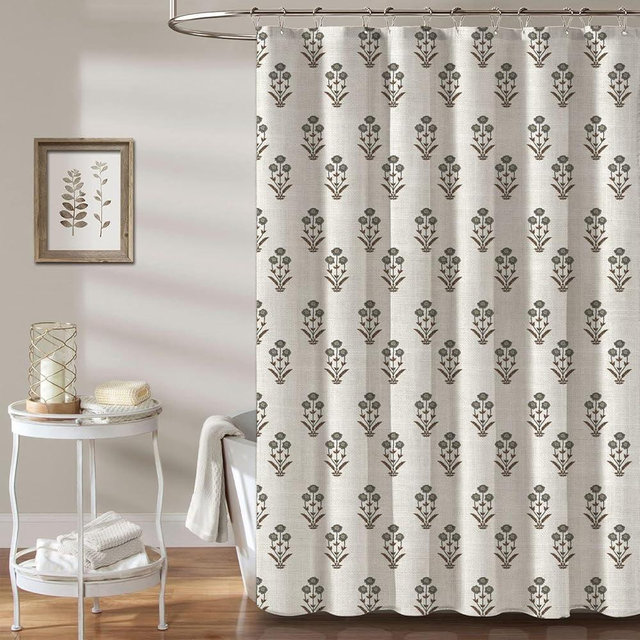 MUGINYU Vintage Floral Shower Curtain-72x72 Inches, Linen Blend Fabric, Botanical Boho Toile Block Print for Cottagecore Rustic Farmhouse French Country Bathroom Decor Set