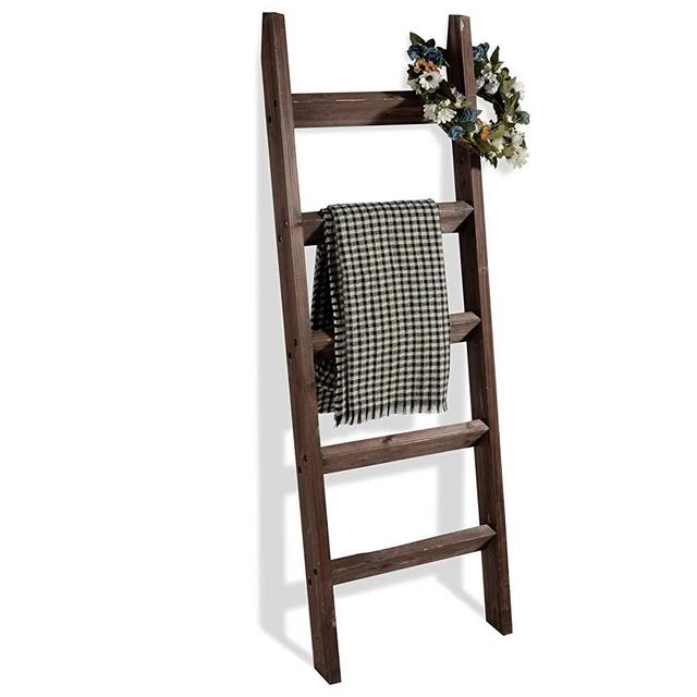 FUIN 5 Ft (58") Wood Decorative Wall Leaning Blanket Ladders Bathroom Storage Quilt Towel Display Rack Shelf Holder Rustic Farmhouse, Brown