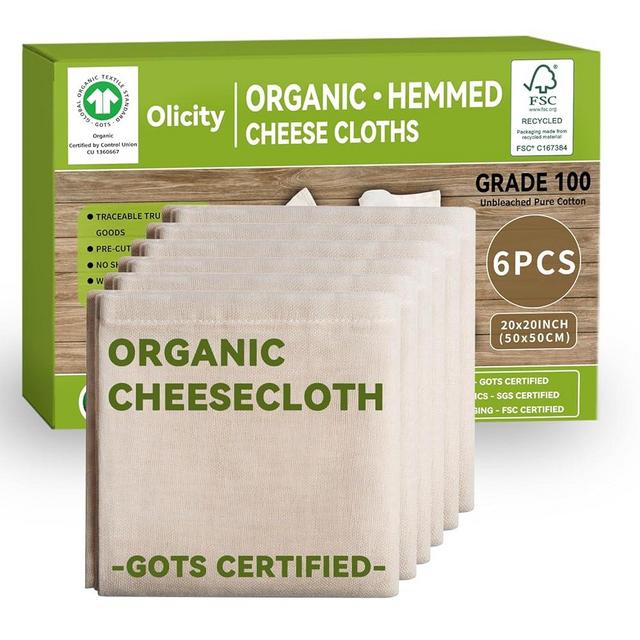 Organic Cheese Cloths, GOTS Certified, 6PCS, Grade 100, 20x20Inch Hemmed Cheese Cloth Fabric Reusable Fine Mesh Cloth, 100% Cotton Unbleached Muslin Cheesecloth for Straining, Cooking, Yogurt, Juicing
