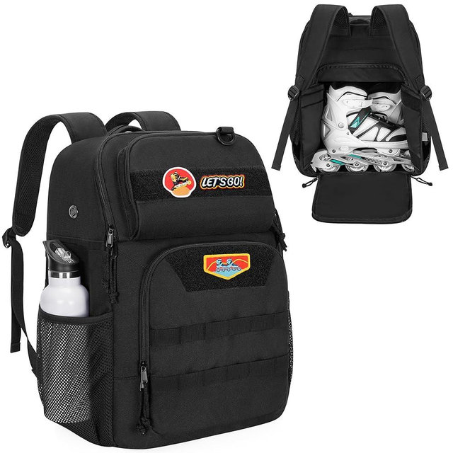 GOBUROS Skate Bag Fits Shoes Up to Us Mens 13, Roller Skate Backpack with Multi Accessory Pockets, Inline Skate Bag for Men And Women, Black