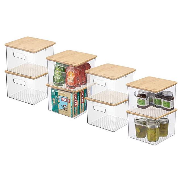 mDesign Plastic Stackable Kitchen Pantry Cabinet, Food Storage Bin Box with Handles, Lid - Organizer for Packets, Jars, Snacks, Pasta - 8 Pack - Clear/Bamboo Lid