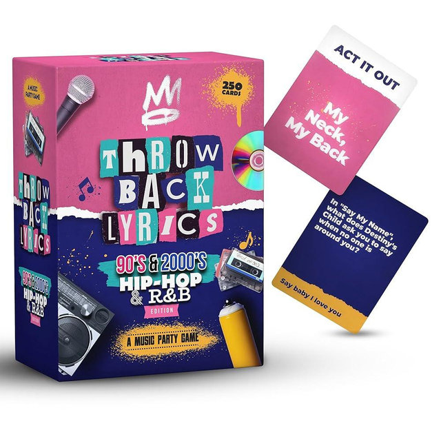 Throwback Lyrics - 250 Cards of 90s & 2000s Hip-Hop & R&B Finish The Lyrics & Charades with A Playlist & Stickers - Great for Game Nights, Date Nights, Adult and Family Games
