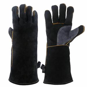 KIM YUAN Extreme Heat & Fire Resistant Gloves Leather with Kevlar Stitching,Perfect for Fireplace, Stove, Oven, Grill, Welding, BBQ, Mig, Pot Holder, Animal Handling, Black-Grey 14 inches