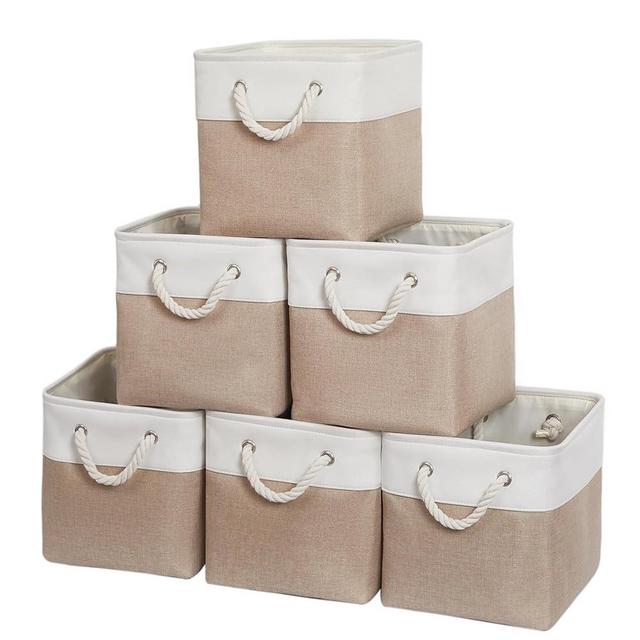 ISEMINGLA 11 x 11 Inch Storage Cubes, 6 Pack Large Collapsible Fabric Storage Bin with Ropes, Foldable Storage Cubes for Home, Office,Closet, Clothes, Toys Organizer (White&Beige)