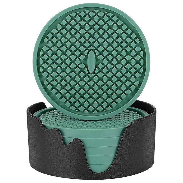 ME.FAN Silicone Coasters [6 Pack] Thickened Drink Coasters with Holder - Cup Mat - Non-Slip, Non-stick, Stay Put, Deep Tray - Prevents Furniture and Tabletop Damages(Teal Blue)