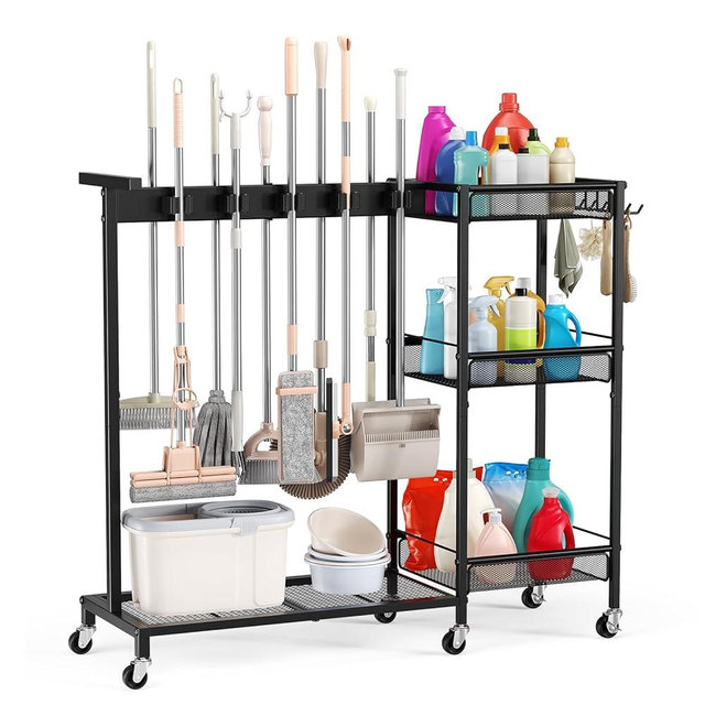 Beolisave Broom Holder with Cleaning Supplies Organizer, Cleaning Utility Cart on Wheels, 10 Clips & 7 Hooks, 3-Tier Shelves, Broom Closet Storage Cabinet with Cleaning Caddy for Home Commercial Use