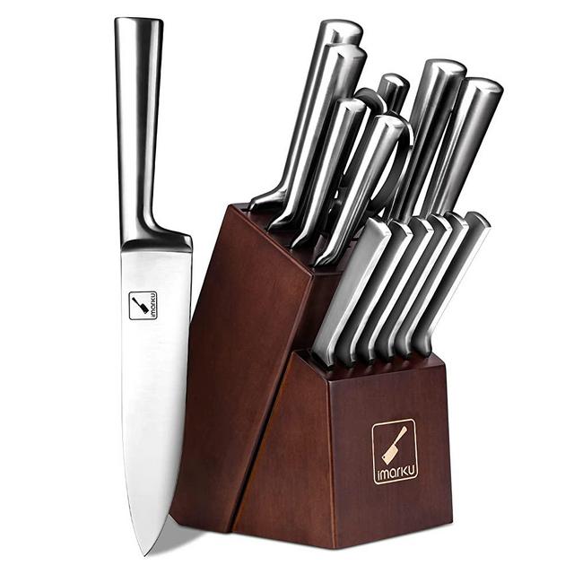 Knife Set with Block, imarku 15 Pieces Kitchen Knife Sets, German Stainless Steel Chef Knife Block Set with Sharpener, Silver
