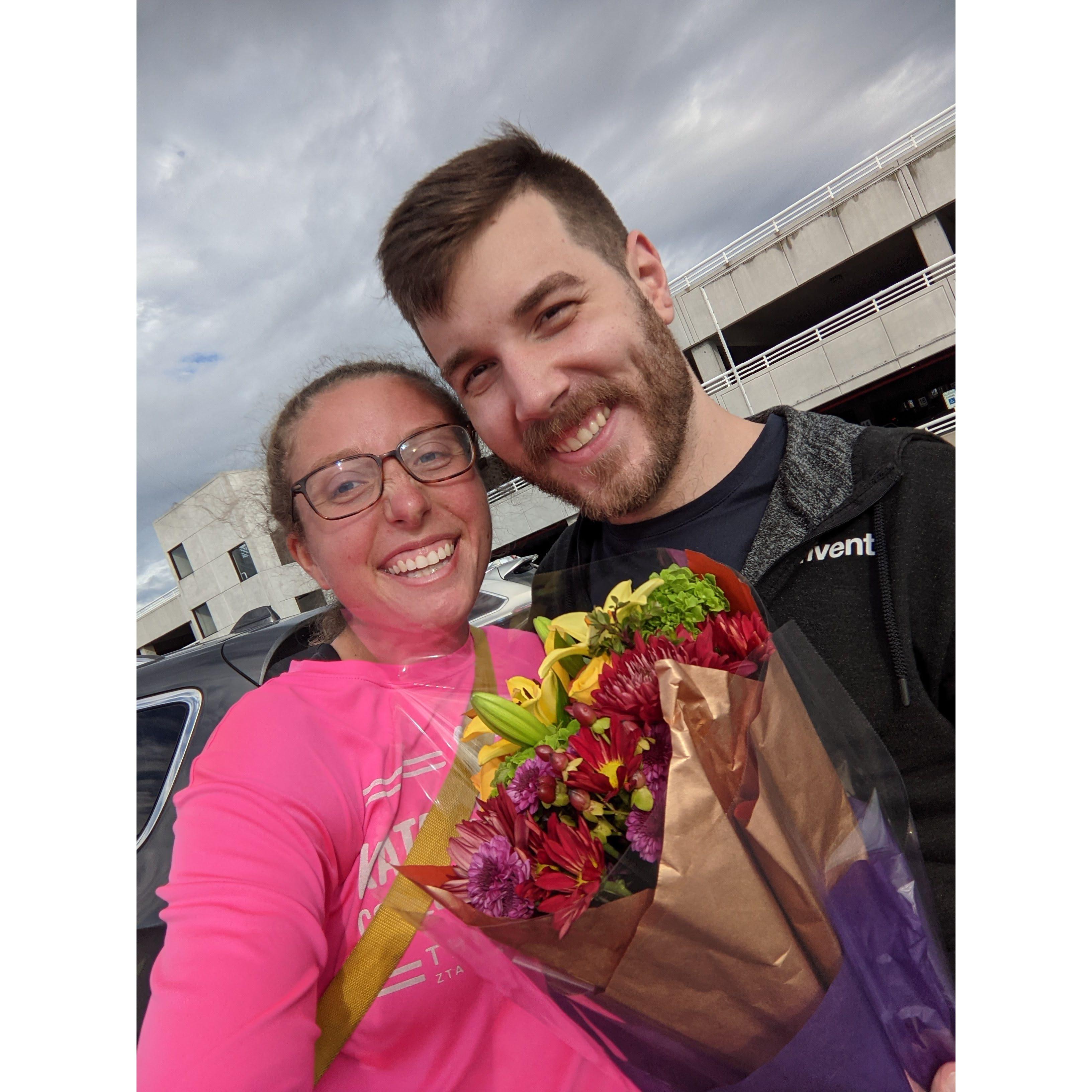 September 22nd, 2021-Clay welcomed Zoe back after her AT adventure and picked her up at the airport with a bouquet <3