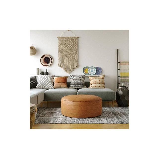 32" Wendal Round Coffee Table Pouf Distressed Brown - WyndenHall: Upholstered Faux Leather, Mid-Century Modern