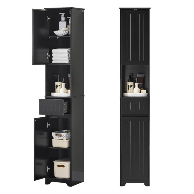 SoBuy Bathroom Tall Narrow Cabinet, Slim Freestanding Storing Unit with Shelves Narrow Floor Standing Cupboard, Black BZR109-SCH