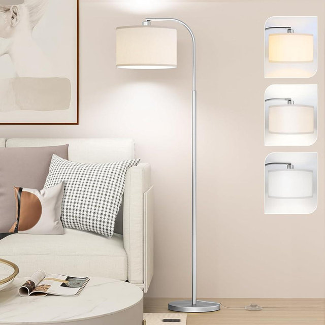 CNXIN Arc Floor Lamps for Living Room with 3 Color Temperatures, Modern Floor Lamp Reading Light with 9W Bulb Included, Standing Lamp with Adjustable White Hanging Shade for Bedroom Office(Silver)
