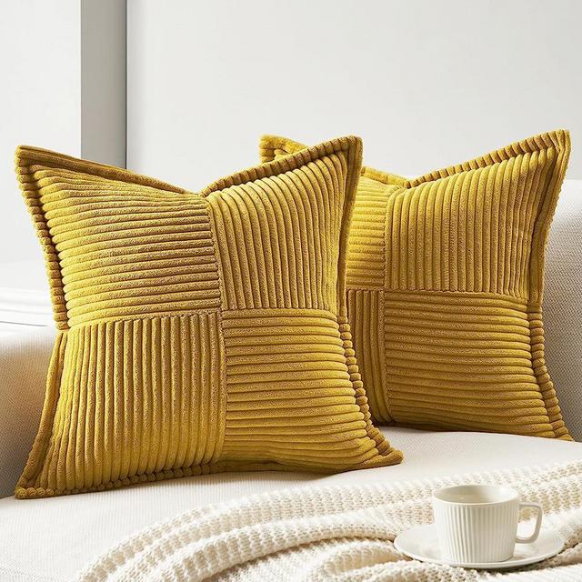 Topfinel 2 Pack Yellow Decorative Throw Pillows Covers 16x16 Inch,Cute Corduroy Striped Broadside Splicing Pillow Cases,Small Fluffy Cushion Covers for Couch Sofa Baby Bedroom Living Room