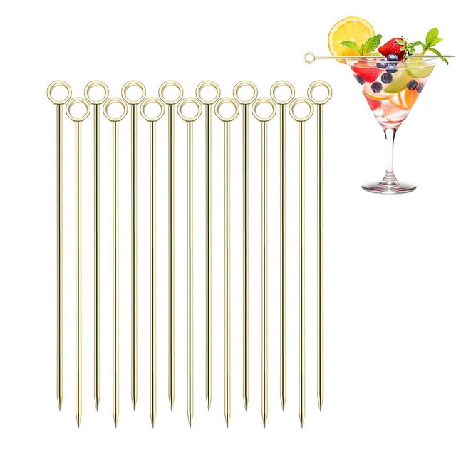 15PCS Stainless Steel Martini Picks, Reusable Appetizer Metal Toothpicks for Sandwiches, Barbeque,Snacks,Cocktail,Olives Fruits（Circle Gold）