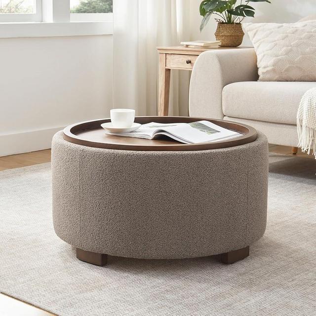 Zihanhome 30 Inch Round Storage Ottoman, Ottoman Coffee Table with Lift Off Lid, Boucle Ottoman with Solid Wood Legs, Modern Ottoman with Storage for Living Room, Bedroom, Corners, Apartments (Brown)