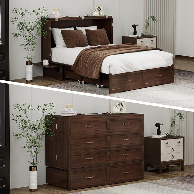 UrbEleg Murphy Bed Cabinet Full, Solid Wood Murphy Bed with 2 USB & 2 Charging Ports, Large Storage Drawer for Home Office or Small Space, Brownish Yellow Color(Not Included Mattress)