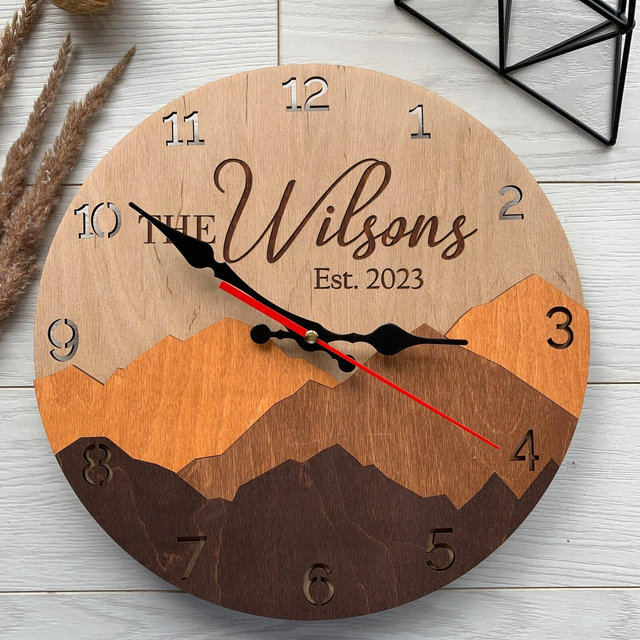 Personalized family name clock, anniversary clock, home gift for couple, mountain wall clock, wall clock decor, 5th anniversary gift