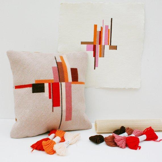 Modern Geometric Needle Point Kit. Hand painted Canvas