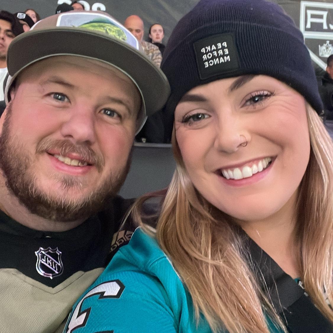 Every year for our anniversary, we do a Los Angeles Kings vs. San Jose Sharks hockey game..."Go Sharks!" -Caitlin